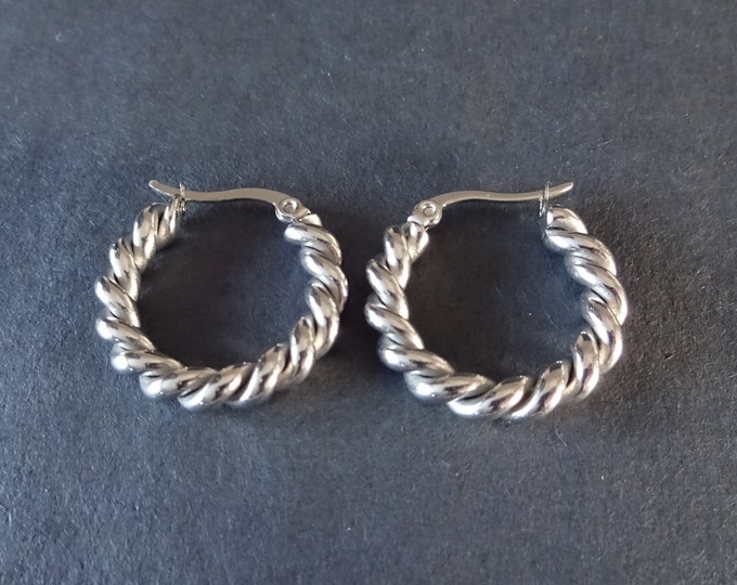 Stainless Steel Silver Twisted Rope Hoop Earrings, Hypoallergenic, Vacuum Plated, Twisted Hoops, Set Of Earrings, 24.5x24mm, Elegant Hoops