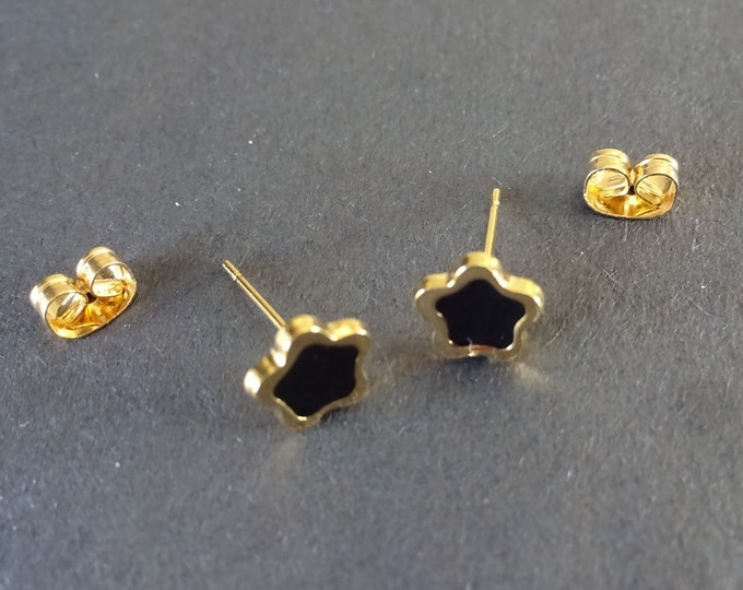Stainless Steel & Enamel Star Stud Earrings, Gold and Black, Hypoallergenic, 7.5mm, Set Of Earrings, Star Earrings, Unisex Black Studs