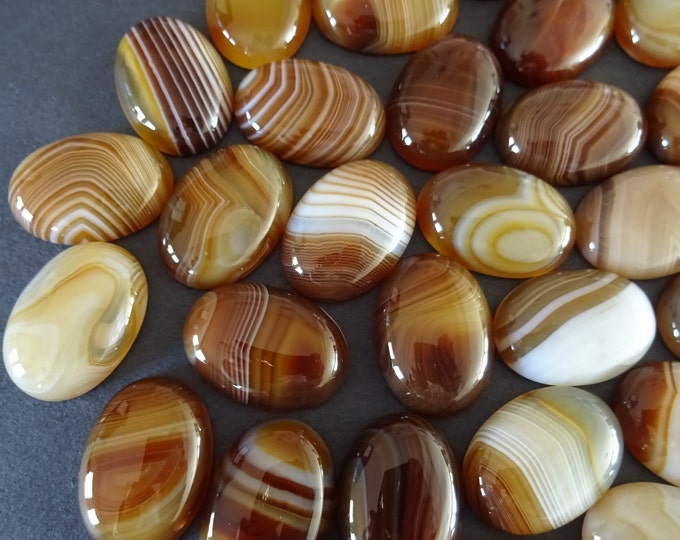 25x18mm Natural Striped Agate Cabochon, Dyed, Oval Cabochon, Polished Agate, Brown & Beige Cab, Natural Agate Stone, Striped Cab