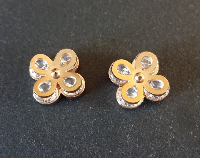 Stainless Steel & Cubic Zirconia Flower Stud Earrings, Hypoallergenic, Rose Gold and Clear, 11mm, Set Of Earrings, Flower Earrings