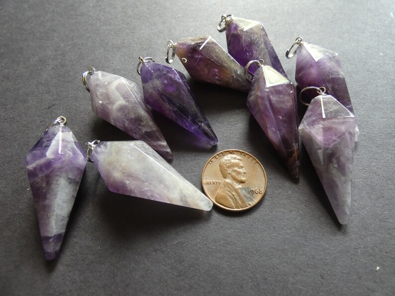 Cone Pendulum 38.5mm Natural Amethyst Pendant With Brass Loop Designer Stone Pointed Bullet Pendant Large Purple and Silver Charm