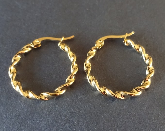 Stainless Steel Twisted Gold Hoop Earrings, Hypoallergenic, Vacuum Plated Round Hoops, Set Of Gold Earrings, Golden Hoops, 26x3mm