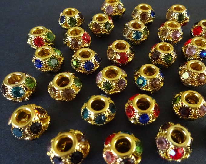 12x10mm Brass & Rhinestone Rondelle Beads, Gold and Mixed Color Rhinestone Beads, Round Golden Brass Beads, Colorful Sparkly Rhinestone Bead