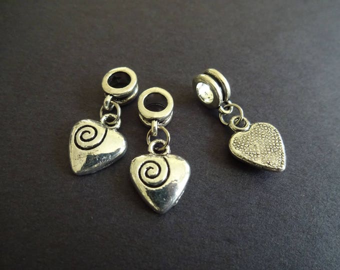 26mm Metal Heart Drop Silver Charm, Antiqued Silver Etched Heart Dangle Charms, Spiral Heart Design, Heart Pendant, Heart Charm, Large Hole