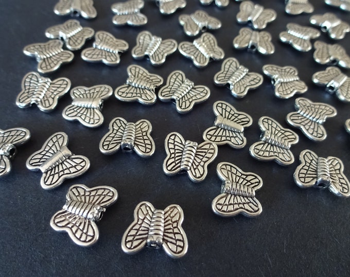 50 PACK of 10x8mm Metal Butterfly Bead, Tibetan Silver Bead, Antique Silver Color, Animal Bead, Metal Insect, Insect Charm Bead, Bug Bead