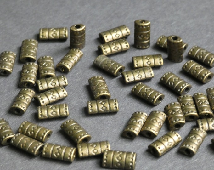 50 PACK 9mm Metal Flat Tube Beads, Tribal Design, Antiqued Bronze Color, Flat Engraved Tube Beads, 2mm Holes, Modern Style