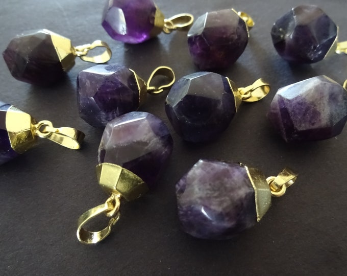 19-21mm Natural Amethyst Charm With Brass Loop, Faceted Drop, Polished Gem, Gemstone Jewelry Pendant, Purple Crystal With Gold Metal