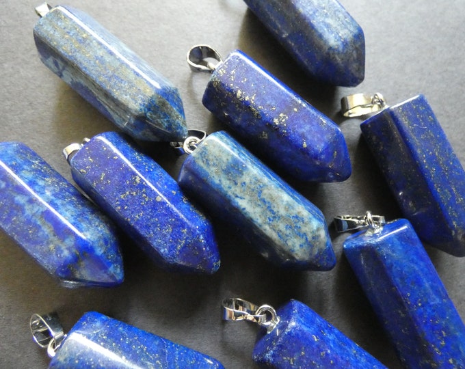 33-36mm Natural Lapis Lazuli Pendant, Brass Finding, Bullet Charm, Polished, Gemstone Jewelry Pendant, Blue & Silver, With Golden Speckles