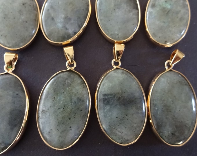 35-36mm Natural Labradorite Pendant With Gold Plated Brass Metal, Snap On Bail, Oval Labradorite Stone Pendant, Polished Gemstone Jewelry