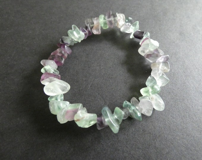 Stretchy Natural Fluorite Bracelet, Stretchy Cord, Fluorite Chips and Nuggets, Beaded Bracelet With Stones, Gemstone Nuggets, Purple & Green