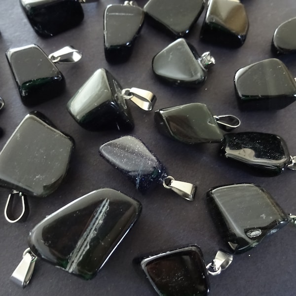 15-35mm Natural Black Stone Pendant & Stainless Steel Loop, Nuggets, Polished, Gemstone Jewelry Pendant, Crystal Charms, Stone Drop Charm