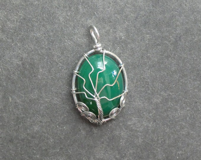 40x22mm Natural Agate Pendant with Platinum Tone Brass, Wire Wrapped Pendant, Green, Dyed, Gemstone Pendant, One of a Kind, Unique Agate