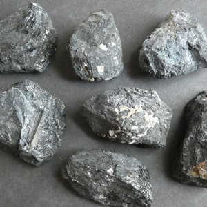 May include: Seven black, rough, and irregularly shaped stones. The stones have a slightly metallic sheen and some have white flecks.