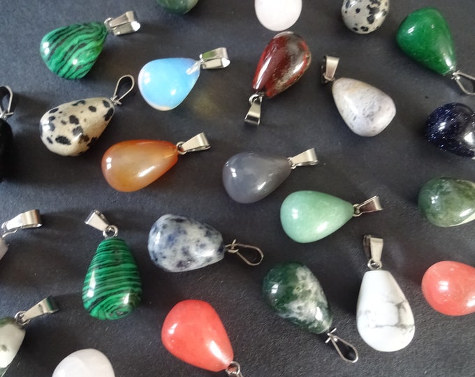 5 PACK 21-24mm Mixed Natural and Synthetic Gemstone Charm With Brass Loop, Pear Teardrop Shaped, Polished Gem, Mixed Stone pear Pendants