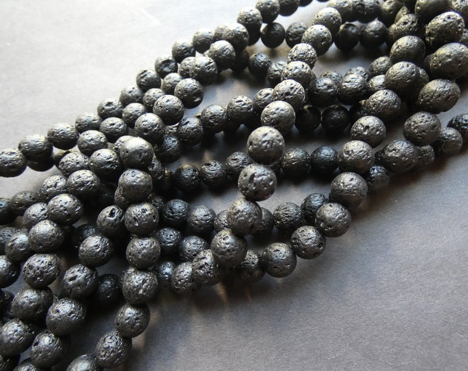 16 Inch 8mm Natural Lava Stone Bead Strand, Dyed, About 50 Beads per Strand, Textured, Solid Black Ball Bead, Stone Bead, Pumice Stone