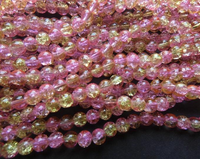 31 Inch 6mm Strand Crackled Glass Bead Strand, 6mm Beads, About 133 Beads Per Strand, Round, Semi Transparent, Pink & Yellow, Spray Painted
