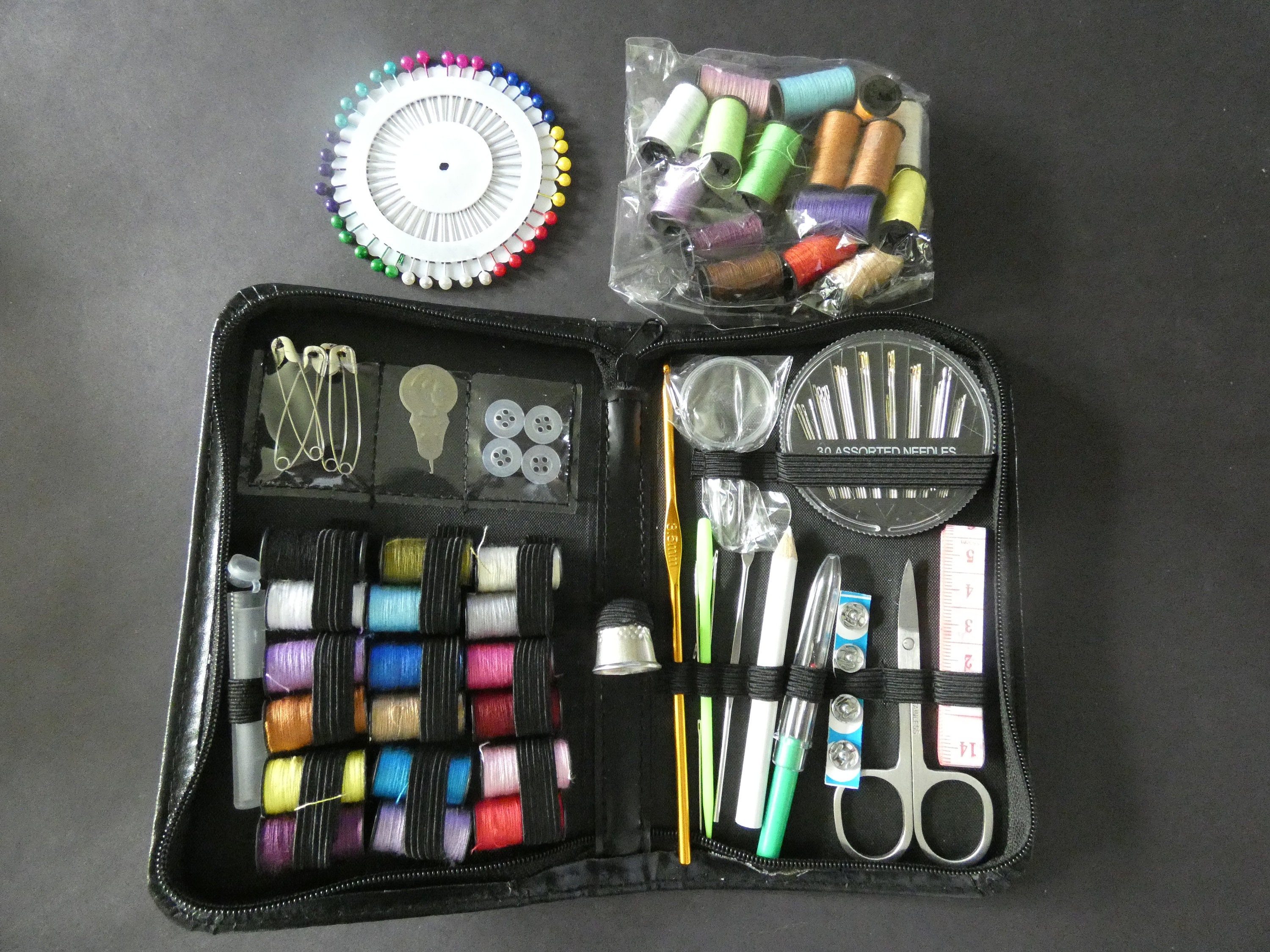 66 Piece Sewing & Knitting Starter Kit, Needles and Crochet Hooks, 38  Thread Spools, Buttons, Beginner's Set, Crafting Tools, Black Case