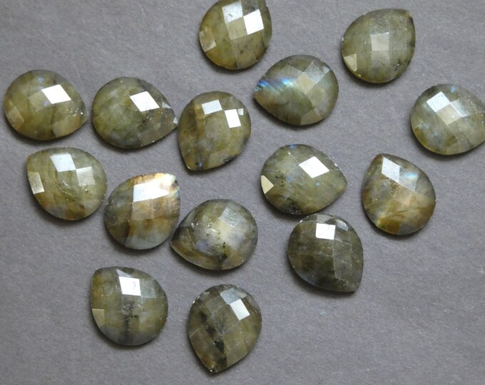 18x15mm Natural Labradorite Teardrop Cabochon, Faceted, Undrilled Gemstone, Polished Gem, Unique Stone, Translucent Gray With Blue