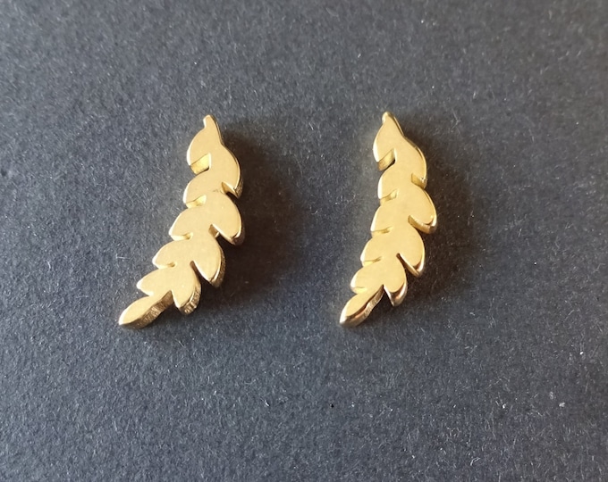 Stainless Steel Golden Leaf Climber Stud Earrings, Hypoallergenic, 18mm, Set Of Earrings, Crawler Earrings, Leaf Studs, Gold Leaf Climbers