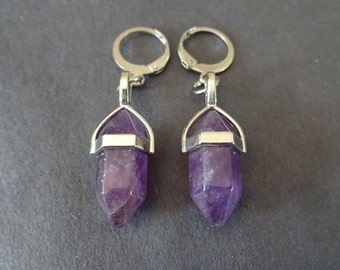 Natural Amethyst & Stainless Steel Bullet Hoop Earrings, Hypoallergenic, Dangle Earring, Set Of Earrings, Purple Crystal Gemstone Earrings