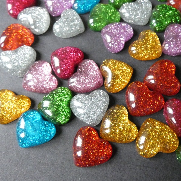 16x14mm Glitter Heart Resin Cabochon, Flat Back Cabochon, Mixed Color Cab Set, Bright Rainbow Jewelry Cabs, Glitter Cabochon, Undrilled