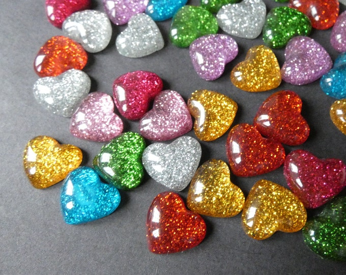 16x14mm Glitter Heart Resin Cabochon, Flat Back Cabochon, Mixed Color Cab Set, Bright Rainbow Jewelry Cabs, Glitter Cabochon, Undrilled