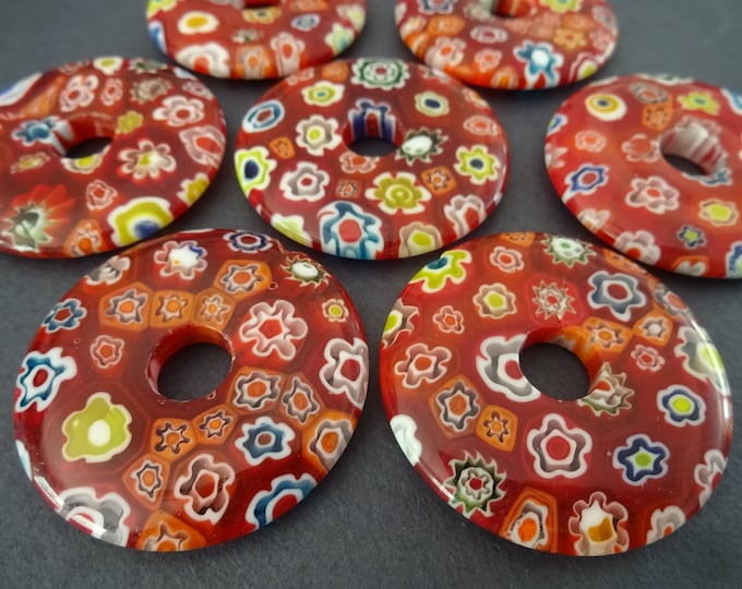 44.5-45mm Millefiori Lampwork Glass Donut, Round Donut Component, Polished, Glass Floral Pendant, Millefiori Donut Charm, Red & Mixed Color
