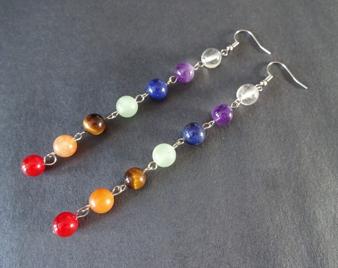 Natural Gemstone & Stainless Steel Chakra Drop Earrings, Hypoallergenic, Fish Hook Earring, Set Of Earrings, Mixed Stone Crystal Earrings