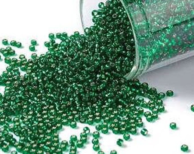15/0 Toho Seed Beads,  Silver Lined Green Emerald (36), 10 grams, About 3000 Round Seed Beads, 1.5mm with .7mm Hole,  Silver Lined Finish