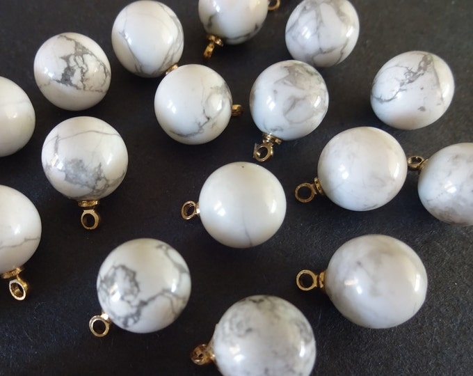 14x10.5mm Natural Howlite Ball Charm With Brass Loop, Polished Gem, Gemstone Pendant, White, Gray & Gold Color Loop, Crystal Charm