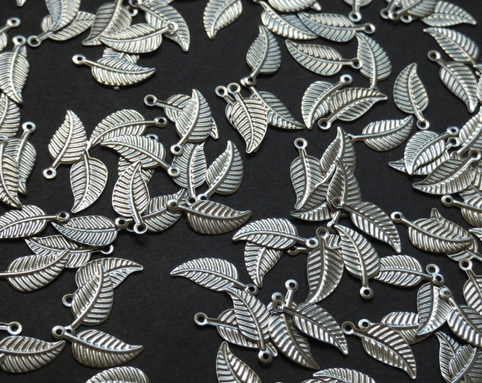 14mm Stainless Steel Leaf Charms, Steel Boho Pendants, Shiny Silver Color, Lightweight, Silver Leaves, .8mm Hole, Small Leaf, Nature Pendant