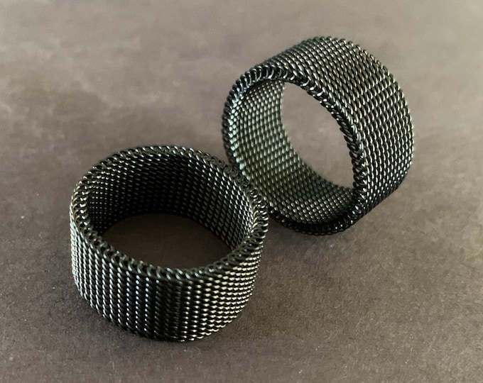 304 Stainless Steel Black Mesh Design Ring, Handcrafted Steel Band, Industrial Men's Ring, Chain Link, Men's Jewelry, Silver Color, Flexible