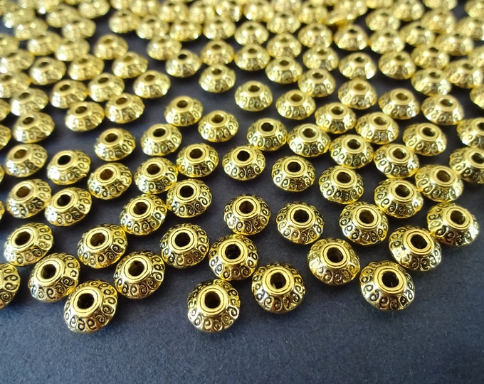 7x7mm Alloy Metal Saucer Beads, Antique Gold Color, Tibetan Style Metal Spacer, Gold Saucer Spacer Bead, Detailed Antiqued Tribal Bead