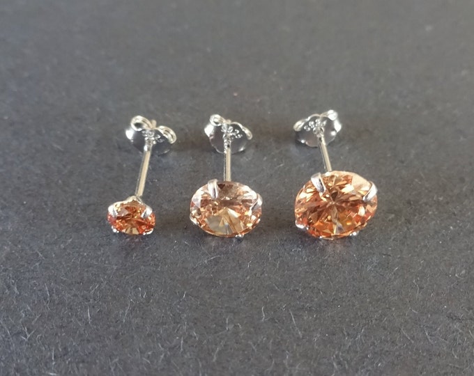 Sterling Silver 4-7mm Four Pronged Cubic Zirconia Stud Earrings, Hypoallergenic, Peach & Silver, Set Of Earrings, Crystal Earrings