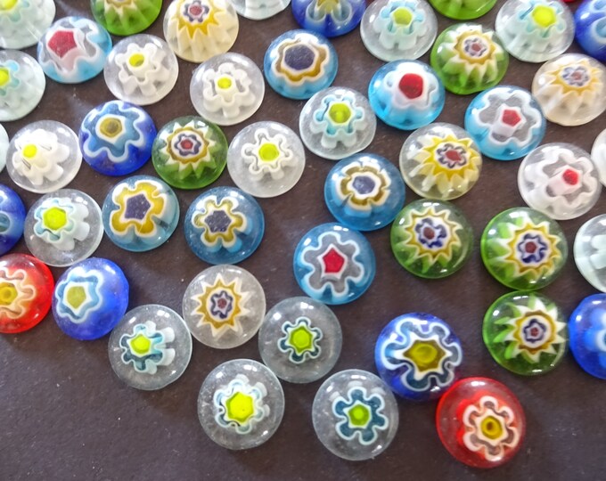 PACK Of 10mm Millefiori Glass Cabochons, Flower Design, Round Cabochon, Glass Jewelry Making, Mixed Colors, Rainbow, Jewelry Focal