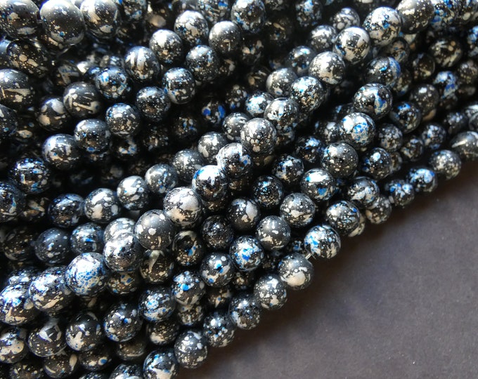 31 Inch 8mm Baked Glass Bead Strand, 8mm Ball Bead, Dyed, About 100 Beads Per Strand, Black & Blue, 1mm Hole, Painted, Silver Metallic Spots