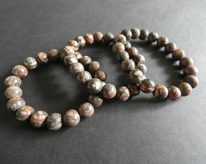 Natural Leopardskin Jasper Bracelet, Stretchy Cord, 10.5 Jasper Ball Beads, Brown, Leopardskin Bracelet, Jasper Jewelry, Gemstone Bracelet