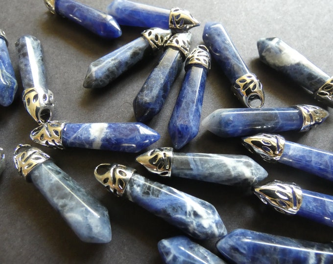 33-40mm Natural Sodalite Pendant With Brass Loop, Faceted, Bullet Shaped, Polished Gem, Jewelry Pendant, Blue Marbled Stone & Silver Metal