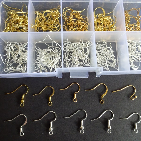 200+ Brass Earring Hooks, 10 Styles, Silver and Gold Color, 16-21x12-19mm, Fish Hook, Jewelry Making Set, Mixed Lot, Organizer, Earrings