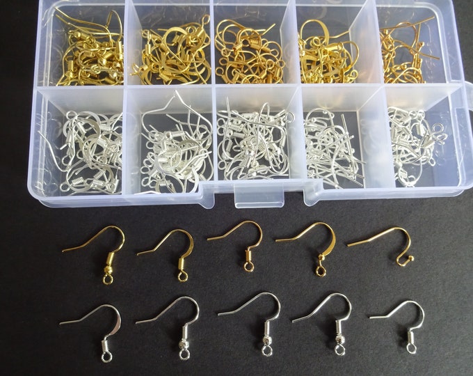 200+ Brass Earring Hooks, 10 Styles, Silver and Gold Color, 16-21x12-19mm, Fish Hook, Jewelry Making Set, Mixed Lot, Organizer, Earrings