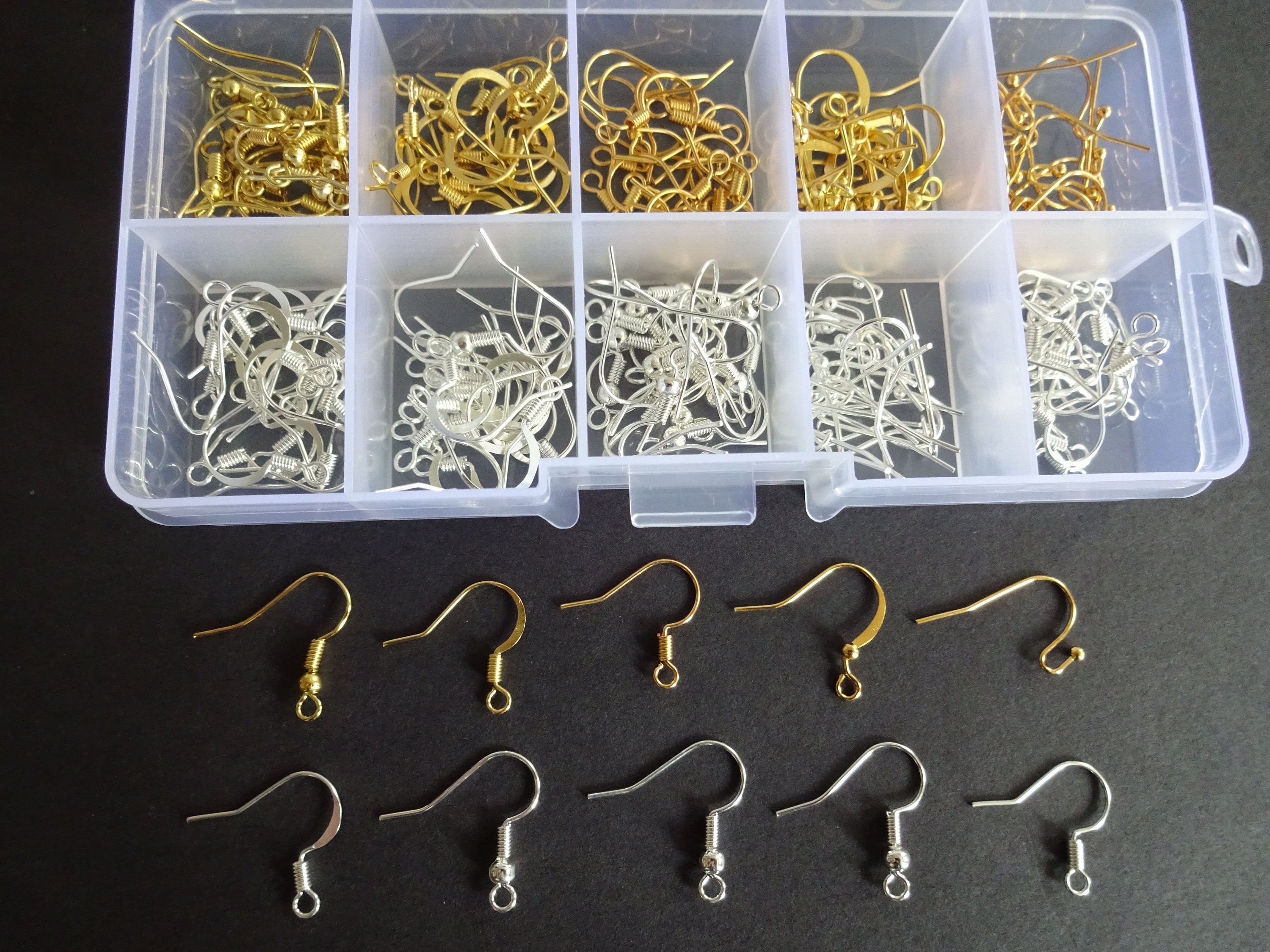 200 Brass Earring Hooks, 10 Styles, Silver and Gold Color, 16-21x12-19mm,  Fish Hook, Jewelry Making Set, Mixed Lot, Organizer, Earrings