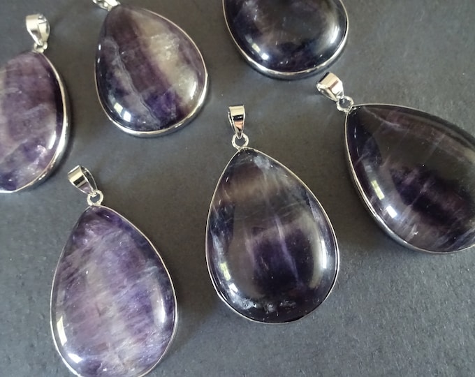 40x26mm Natural Fluorite Teardrop Pendant With Brass Loop, Polished Gem, Gemstone Jewelry Charm, Purple With Silver Setting Pendant