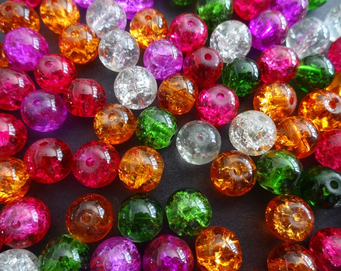 8mm Crackle Glass Ball Bead Mix, Rainbow Mix, Mixed Lot, Transparent, Vibrant Bright Jewelry Beads, Round, Pink, Orange, Red and Green