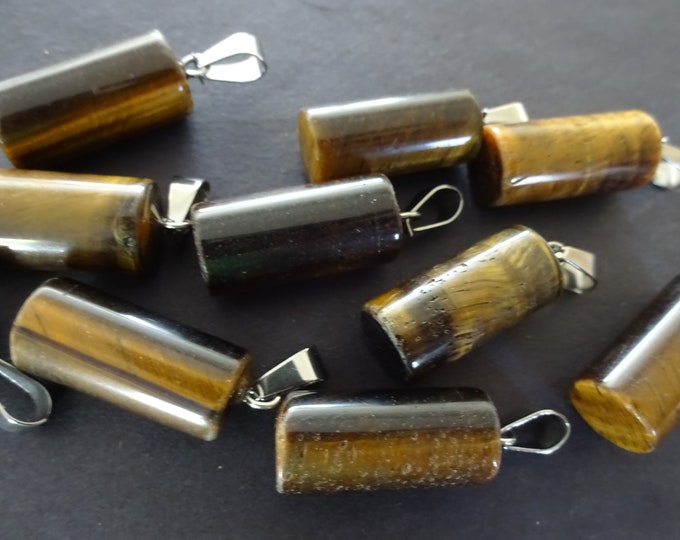 25x10mm Natural Tiger Eye Column With Stainless Steel Bail, Column Pendant, Polished Gemstone Jewelry, Brown & Beige, Stone Charm