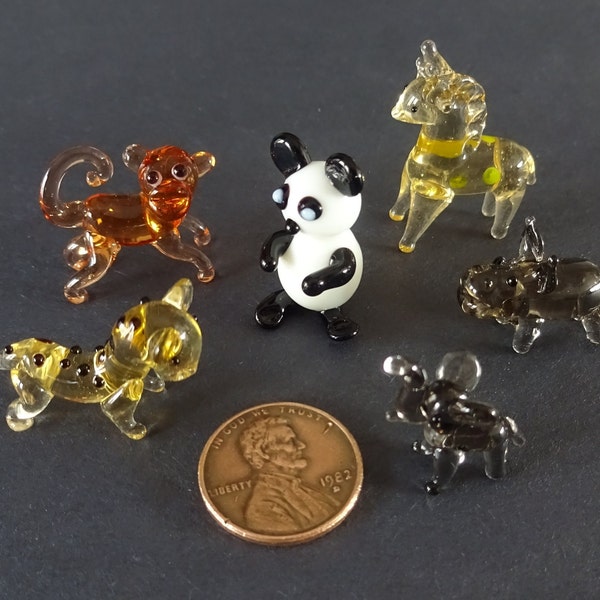 Mini Lampwork Glass Animal Zoo Set, Small Glass Animals, Collect All 6, Panda, Hippo and More!, Cute Decorations, Office Desk Decorations