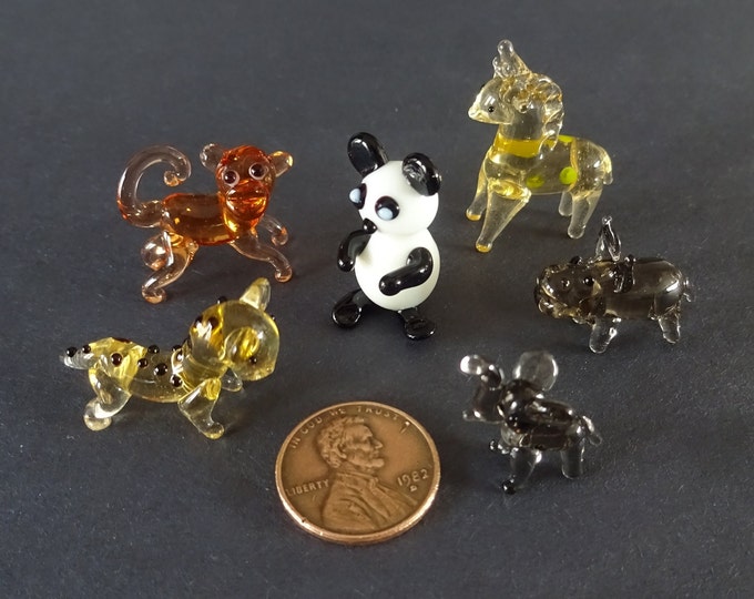 Mini Lampwork Glass Animal Zoo Set, Small Glass Animals, Collect All 6, Panda, Hippo and More!, Cute Decorations, Office Desk Decorations