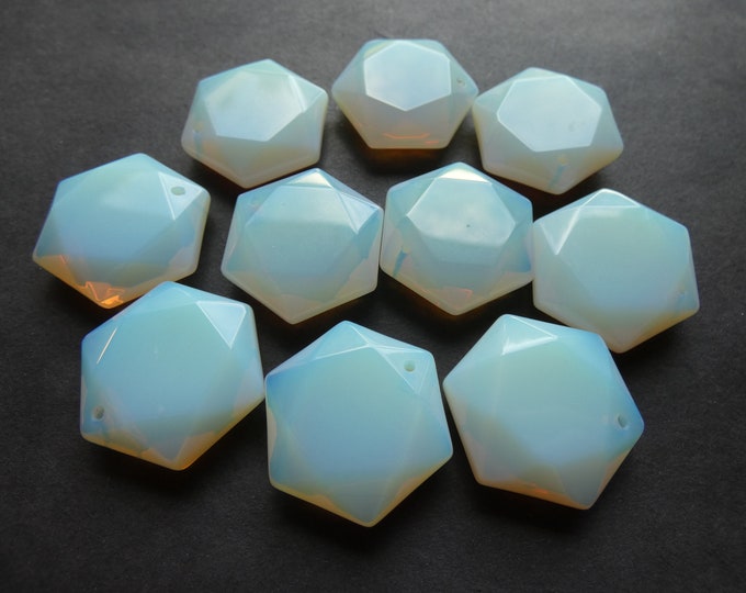 28-29mm Opalite Pendant, Hexagon Stone, Polished, Natural Gemstone, Translucent Stone, Semi Transparent, Clear & White, Drilled, Faceted