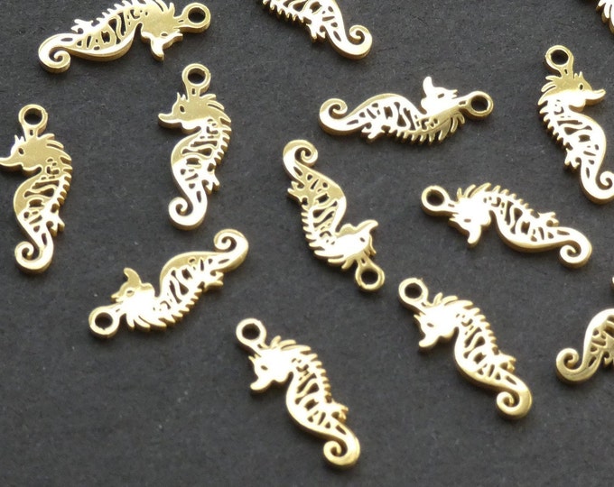 5 PACK 12mm Stainless Steel Seahorse Charm, Gold Seahorse Charm, Metal Focal, Nautical Themed, Seahorse Bead, Ocean Bead, Gold Focal