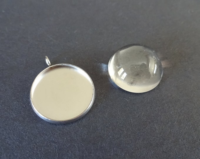 Pack of 16mm Round Stainless Steel Pendant Setting with Half Round Glass Cabochon, 21.5x18x1.5mm Overall Size, Round Setting, Silver Colored