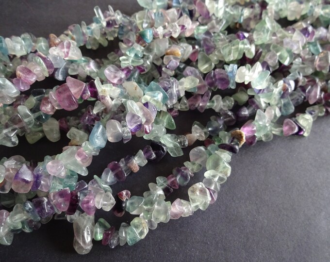 5-8mm Natural Fluorite Chip Beads, 33 Inch Strand Of About 250 Stones, Purple and Green Chips, Small Drilled Nuggets, Gemstones, Mixed Color